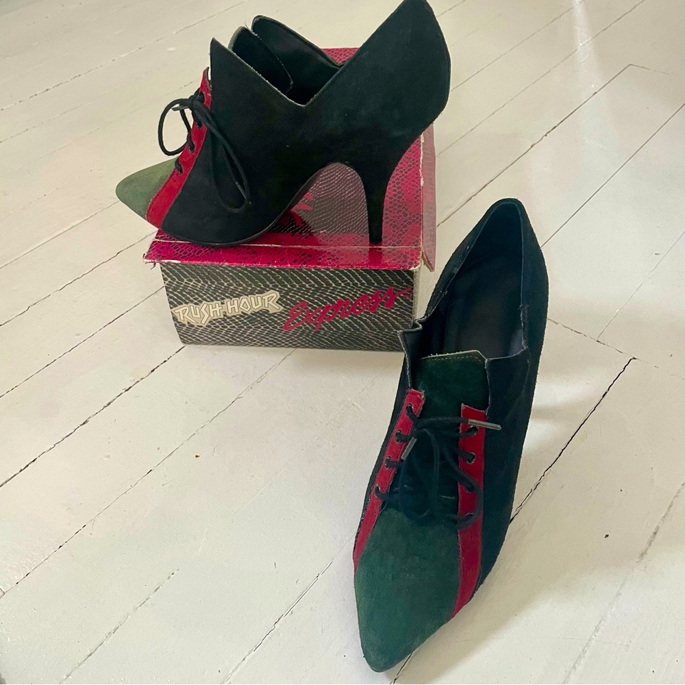 Vintage Rush Hour Express suede green red black high 4” heels booties 6.5/7